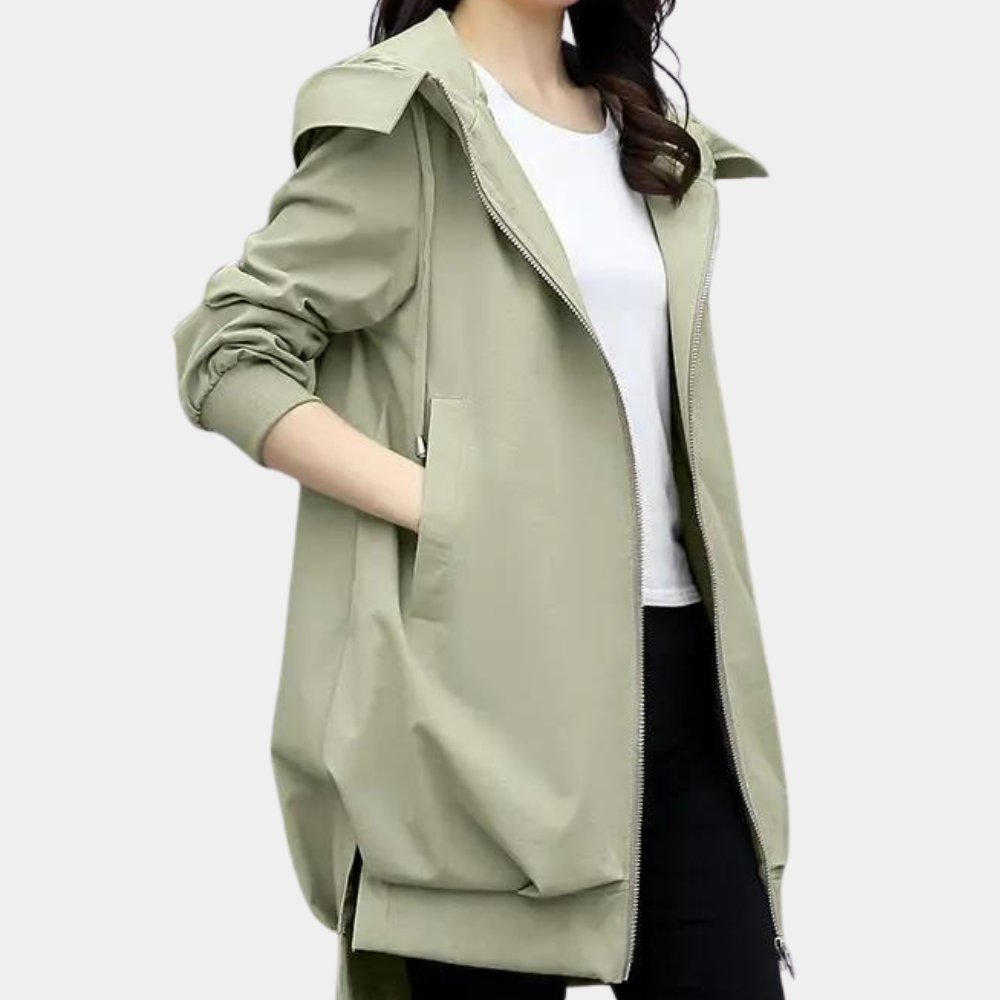 Winddichte Damen Übergangsjacke mit Kapuze für Frühling & Herbst. Praktische Reißverschlussjacke für Outdoor-Aktivitäten.