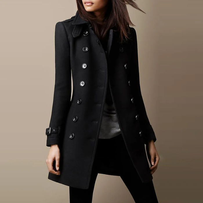 Warme Damen Winterjacke & Übergangsjacke, doppelreihig. Ideal für stilvolle Herbst- & Winteroutfits. Klassischer Langarm.