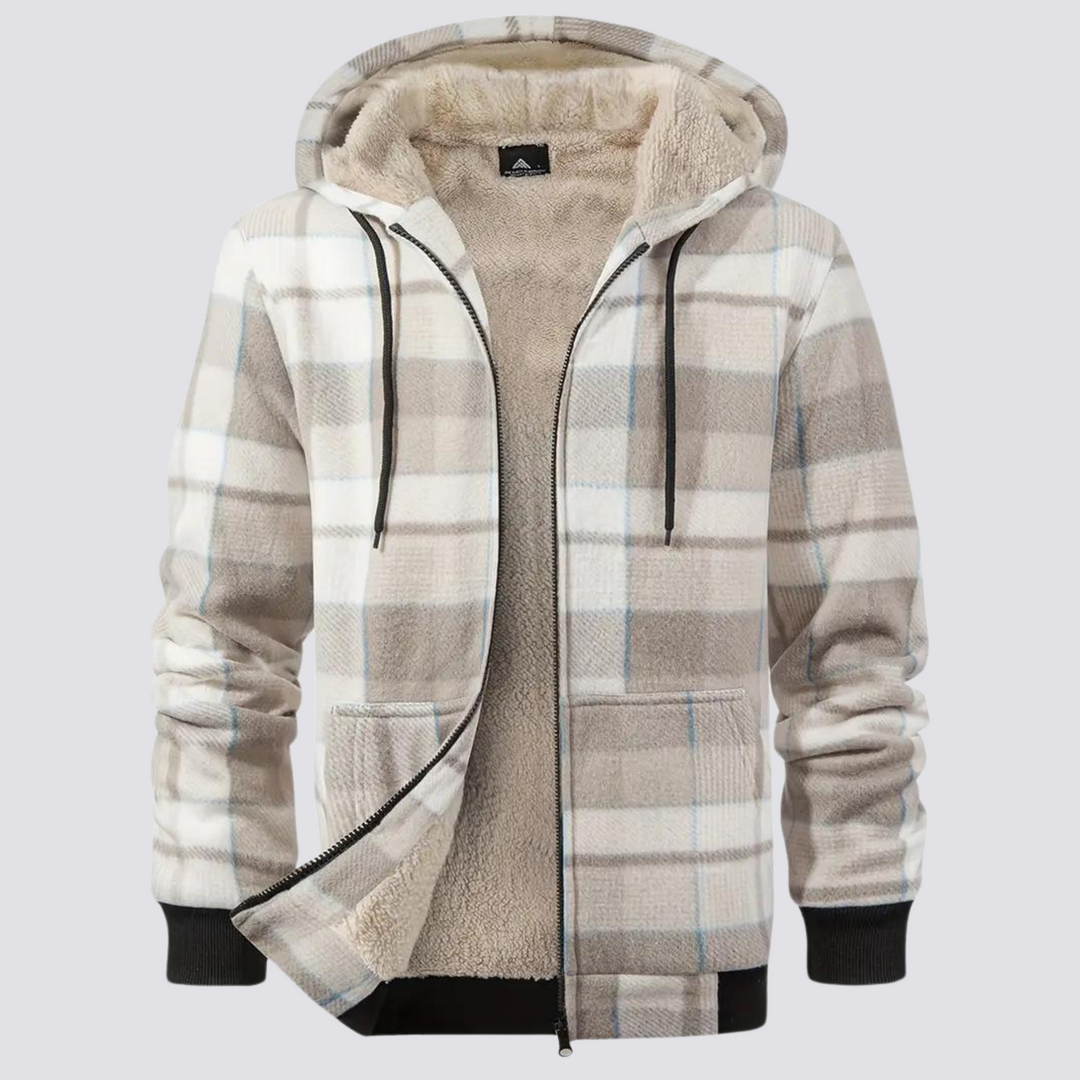 Modische Herren Karo Jacke für kühle Tage. Warme Übergangsjacke mit Reißverschluss und Kapuze für Herbst & Frühling.