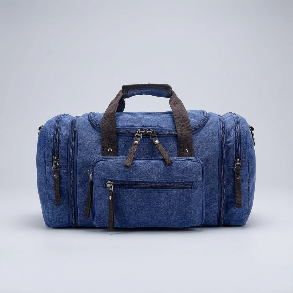 Schwarze erweiterbare Canvas-Reisetasche. Ideale Wochenendtasche, Sporttasche oder Handgepäck für jede Reise.