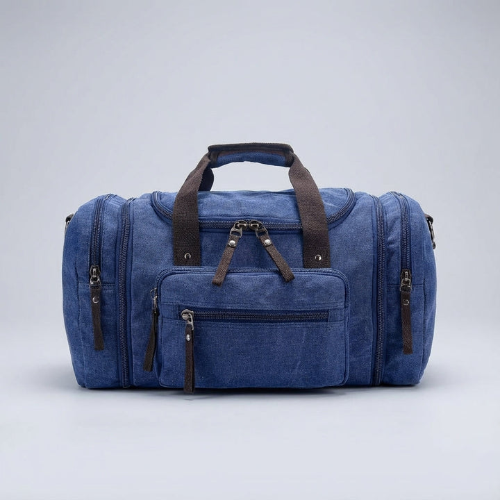 Schwarze erweiterbare Canvas-Reisetasche. Ideale Wochenendtasche, Sporttasche oder Handgepäck für jede Reise.