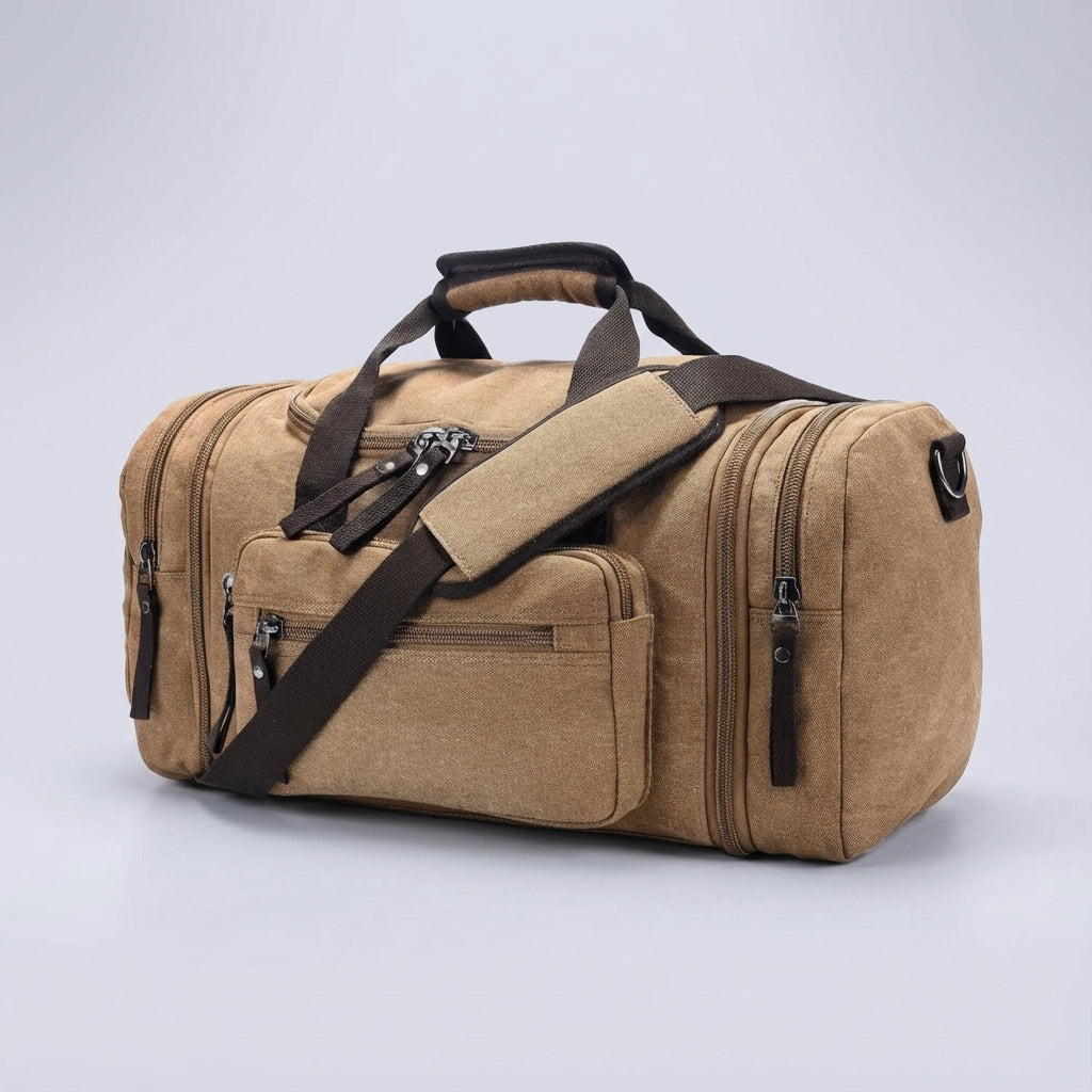 Braune, erweiterbare Canvas-Reisetasche. Robuste Wochenendtasche, ideal für Reisen, Sport & als Handgepäck. Unisex.