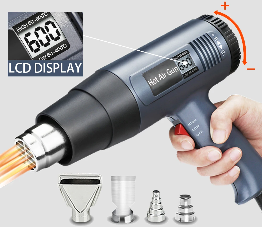 Präzises 2000W Industrie-Heißluftgebläse mit digitaler Temperaturregelung für kontrollierte Wärmeabgabe.