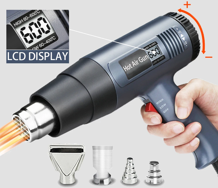 Präzises 2000W Industrie-Heißluftgebläse mit digitaler Temperaturregelung für kontrollierte Wärmeabgabe.