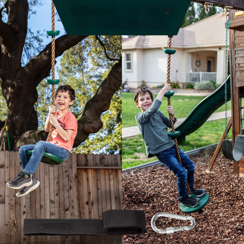Robustes Kinder Kletterseil mit bunter Plattform-Schaukel. Perfekt für Klettern, Balancieren und Outdoor-Spielzeug.