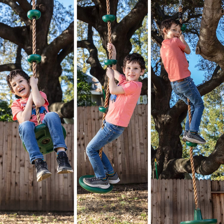 Abenteuerliche Kinder Kletterseil-Schaukel mit großer Plattform für Kletterspaß und Outdoor-Spiel im Garten.