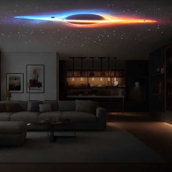 Sternenhimmel Projektor in einem dunklen Raum, der funkelnde Sterne und Galaxien an die Decke wirft.