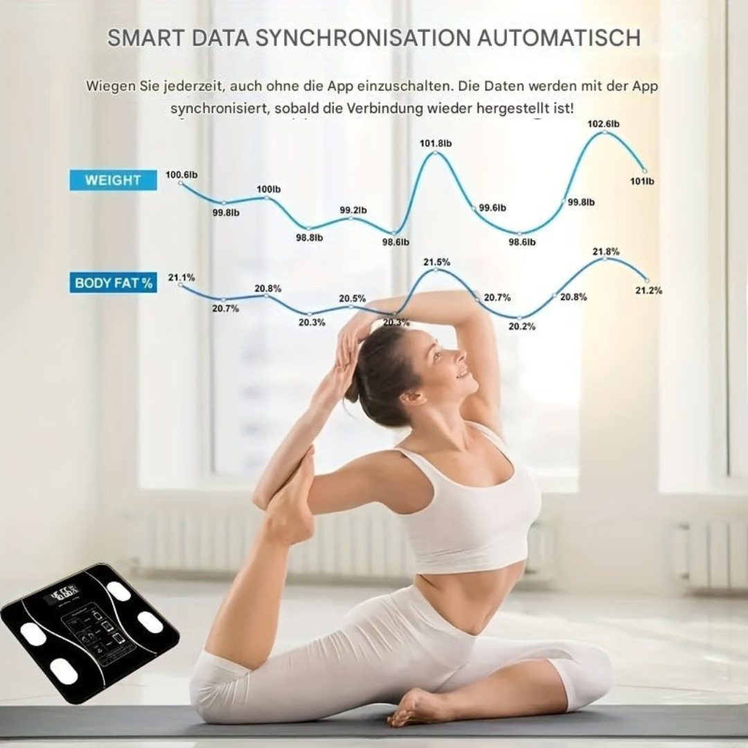 Präzise digitale Körperanalysewaage für genaue Messung von Gewicht, BMI und Körperfett, essenziell für Fitness.