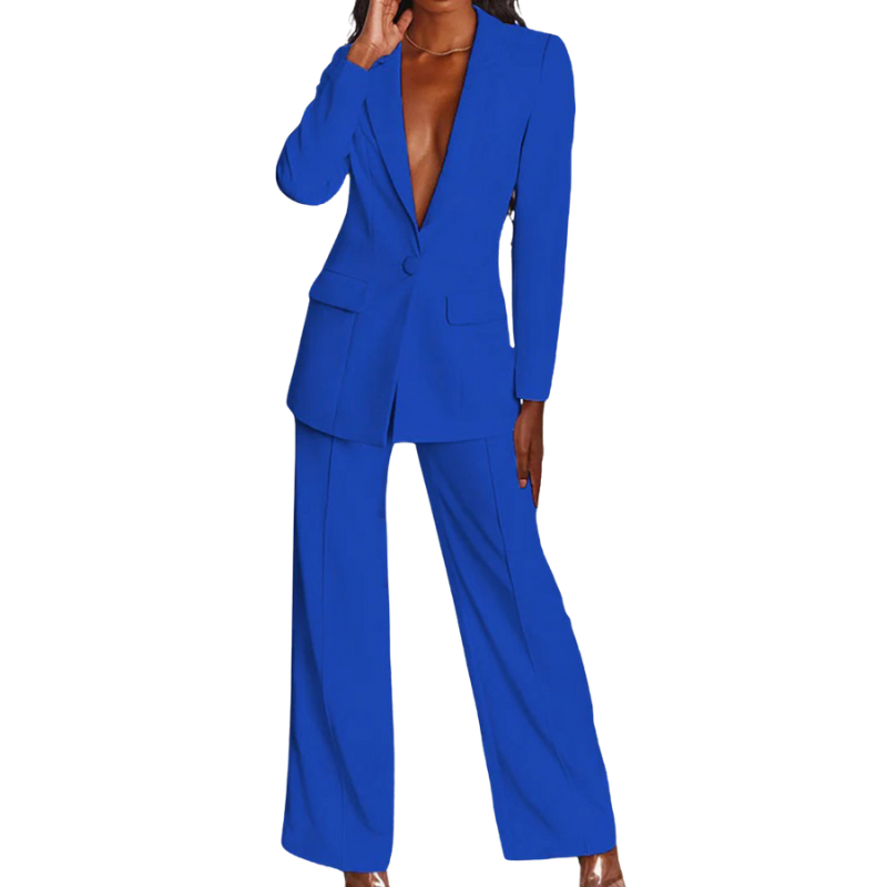 Elegantes Damenbekleidung Set, schwarz, mit tailliertem Blazer & fließender Hose, für Events.