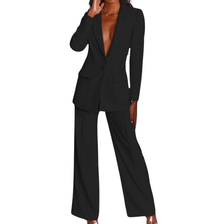 Business Mode für Damen: Graues Blazer Set, perfekt für ein elegantes und professionelles Büro-Outfit.