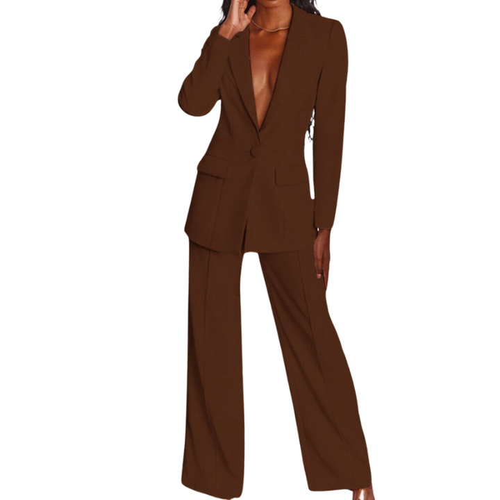 Zeitloser Damenanzug, schwarz, mit modernem Blazer und gerader Hose, klassisch & chic.