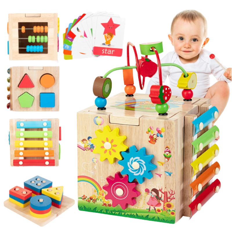 Farbiger Holz-Aktivitätswürfel für Kleinkinder. Montessori-Lernspielzeug fördert Feinmotorik, Logik & Kinderentwicklung.