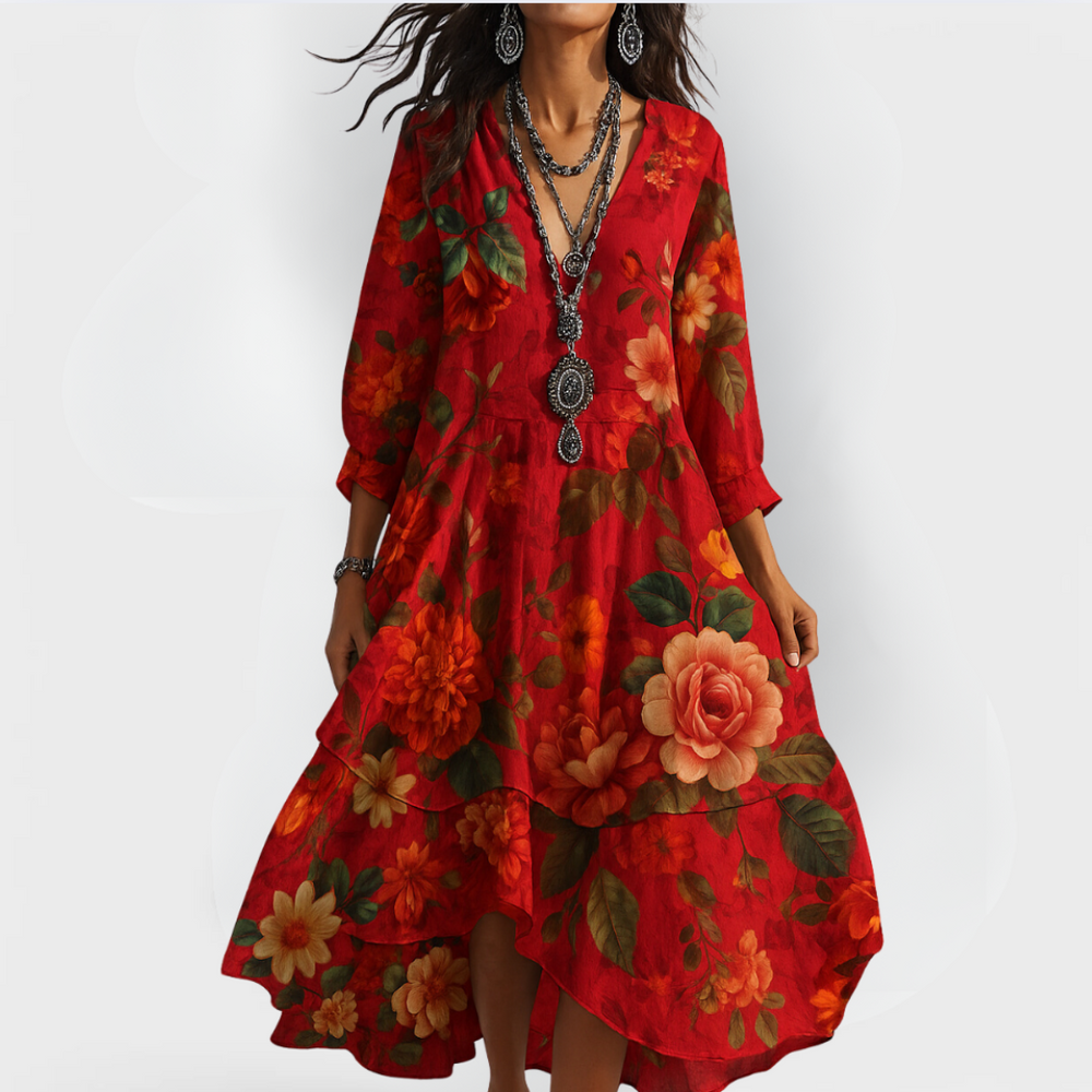 Lässiges Boho Maxikleid für Damen: Vintage Sommerkleid mit V-Ausschnitt, Blumenmuster für Strand & Festival.