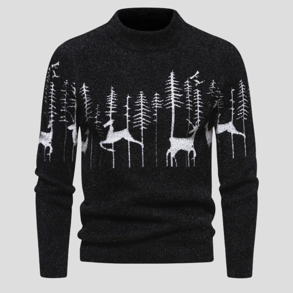 Gemütlicher Herren-Weihnachtspullover mit Rentier- & Waldmotiv; ideal als festliche Wintermode oder Geschenkidee.
