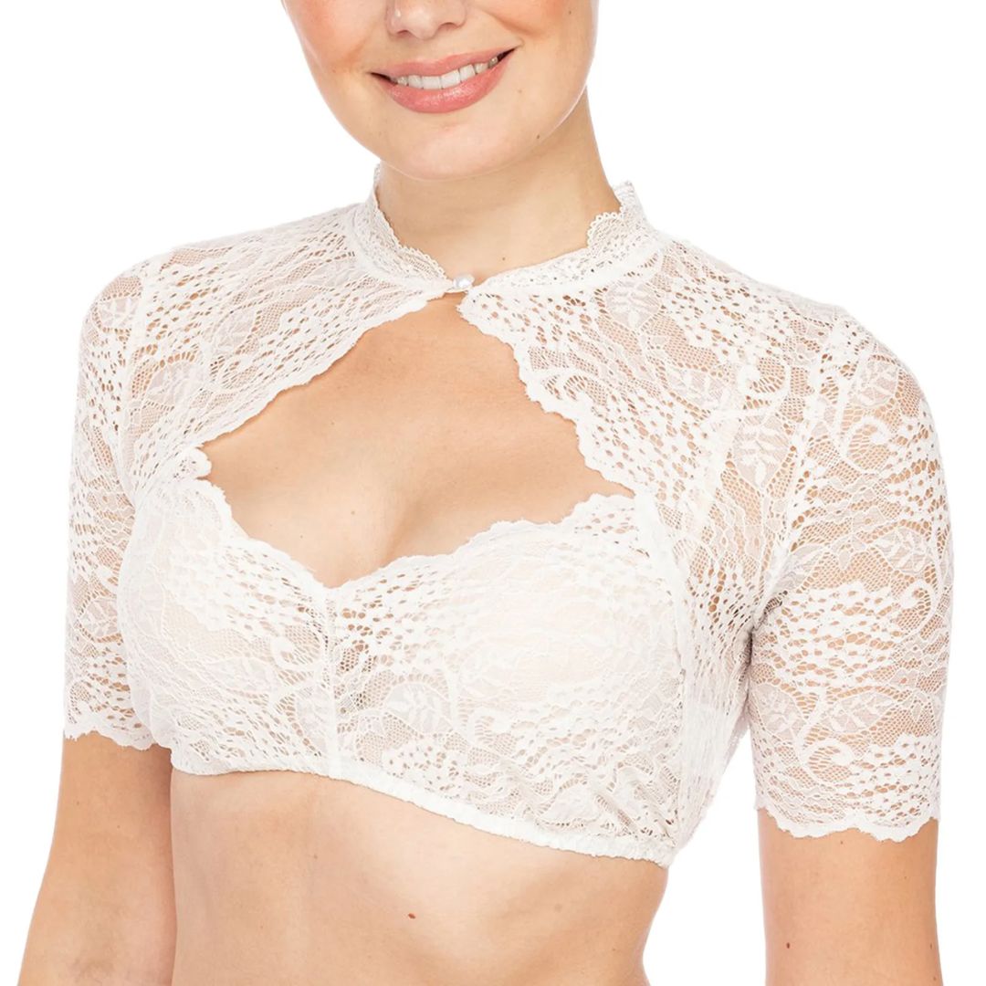 Damen Dirndlbluse Katherina aus feiner weißer Spitze. Elegante Trachtenbluse für Oktoberfest & Festtage.