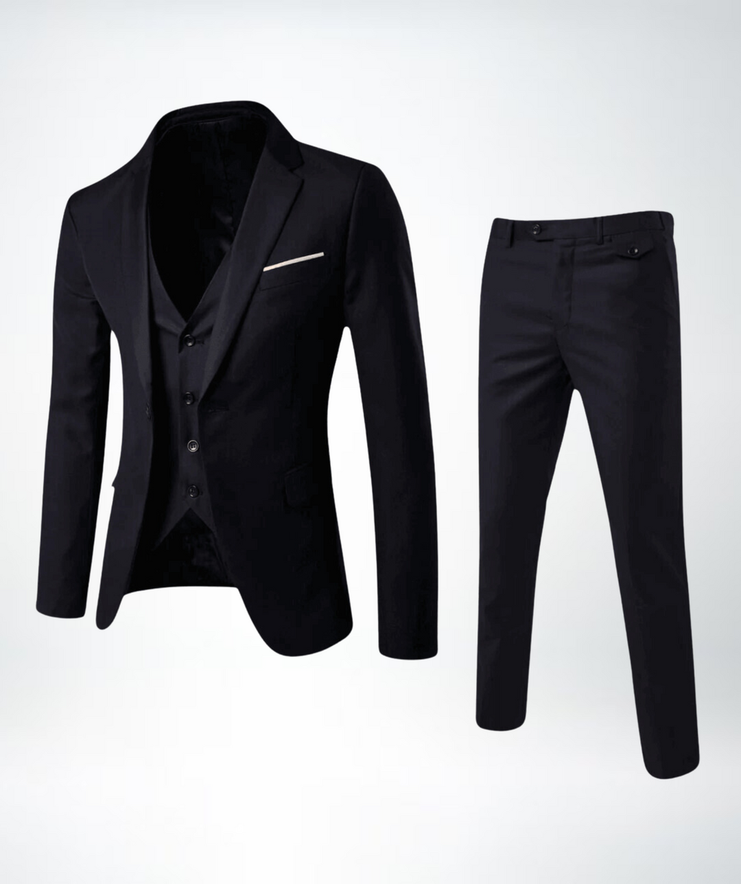 Detailaufnahme des klassischen Herren Dreiteiler Anzugs. Hochwertiger Stoff für eleganten Look bei Hochzeiten & Business Events.