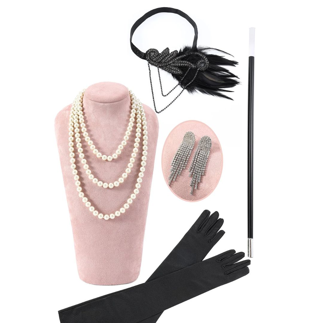 Damen 1920er Gatsby Accessoire-Set Schwarz: Stirnband, Perlenkette, Handschuhe für Flapper Party & Vintage Glamour.
