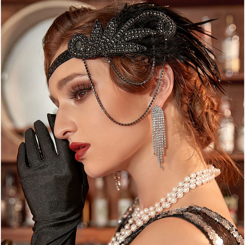 Elegantes 1920er Gatsby Stirnband für Damen, schwarz mit Federn, ideal für Flapper Party & Vintage Abendmode.