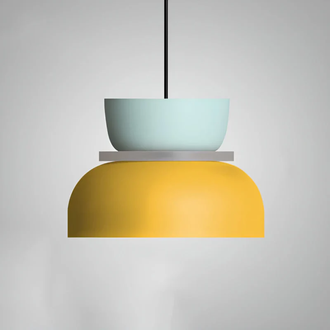 Moderne LED Pendelleuchte in Macaron-Form für ein lebendiges Wohnzimmer. Bunte Design Lampe.