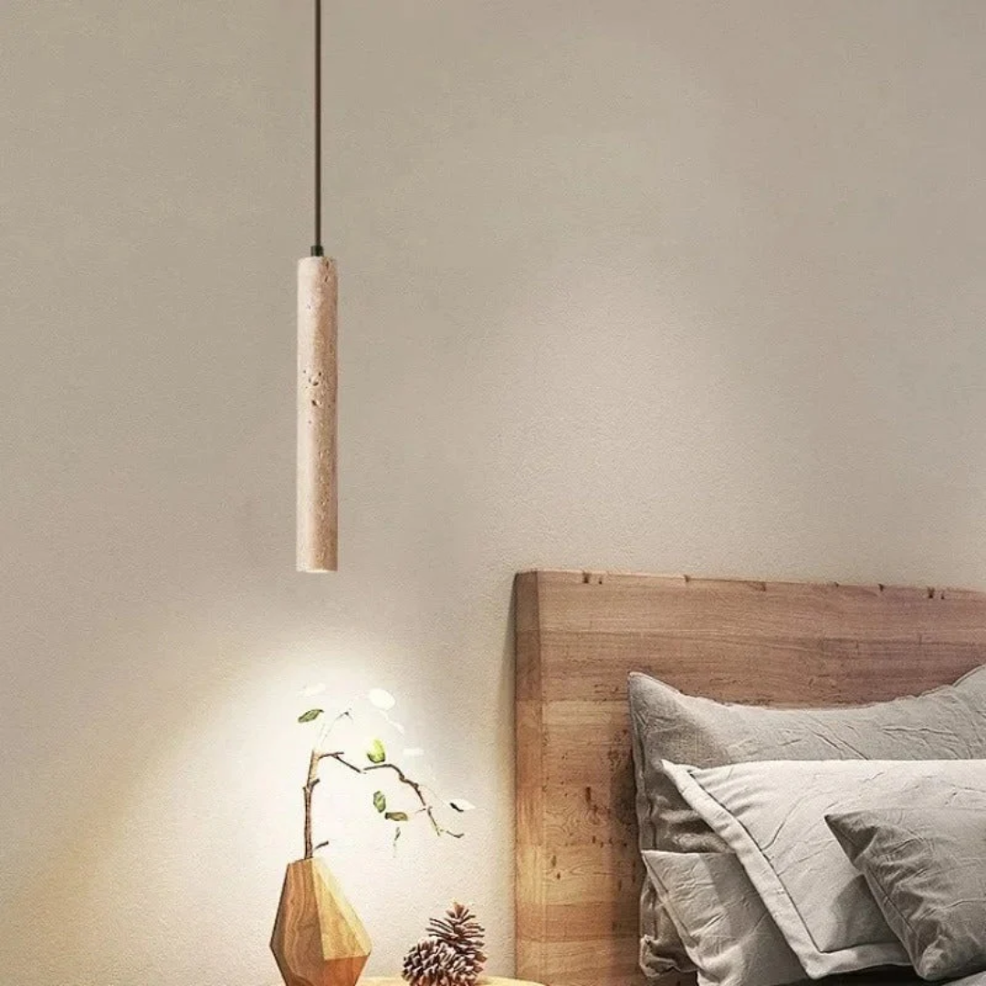 Minimalistischer Travertin Wabi-Sabi LED-Kronleuchter. Vielseitige Beleuchtung für Zuhause.