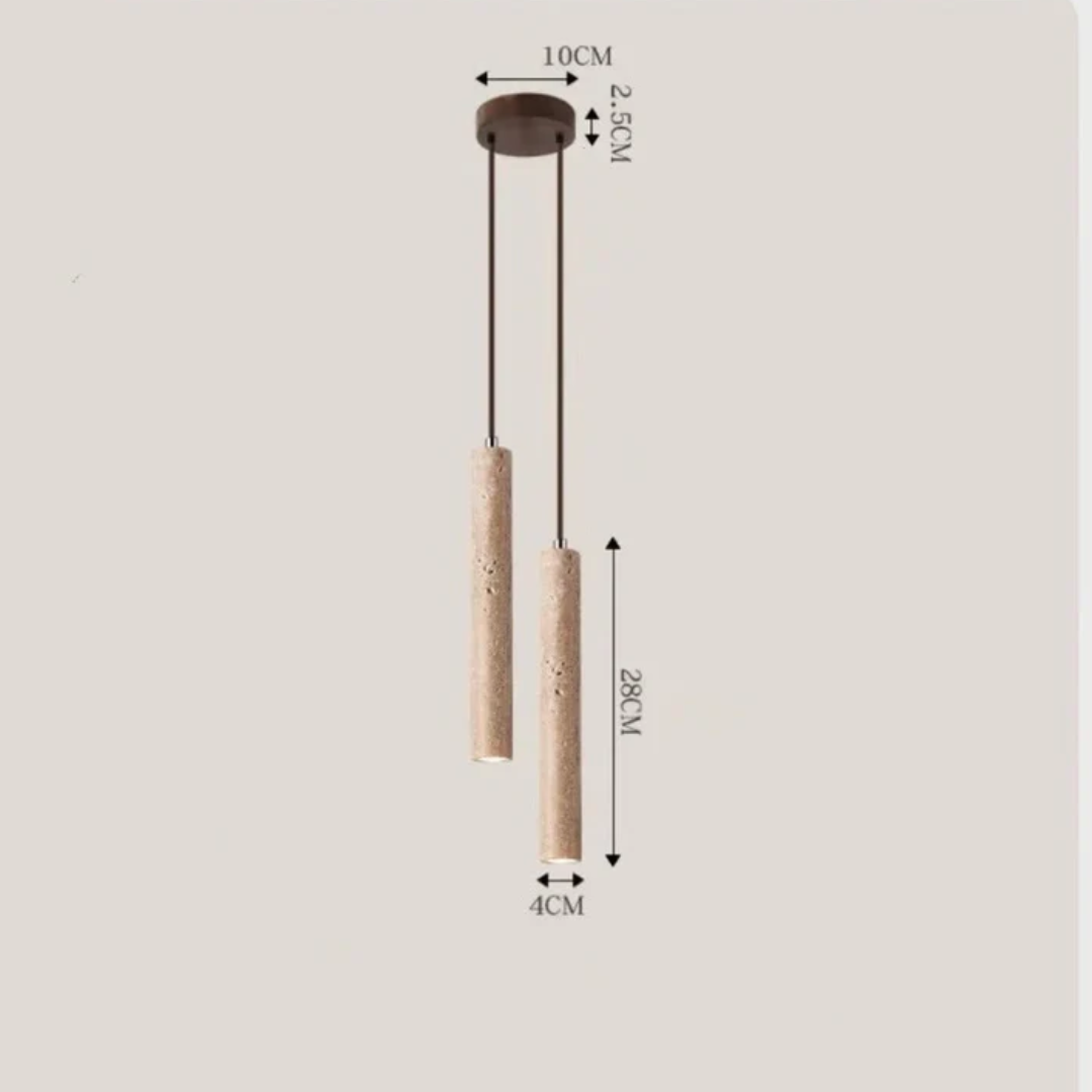 Wohnzimmer Deckenleuchte: Travertin LED Kronleuchter im minimalistischen Wabi-Sabi Stil.