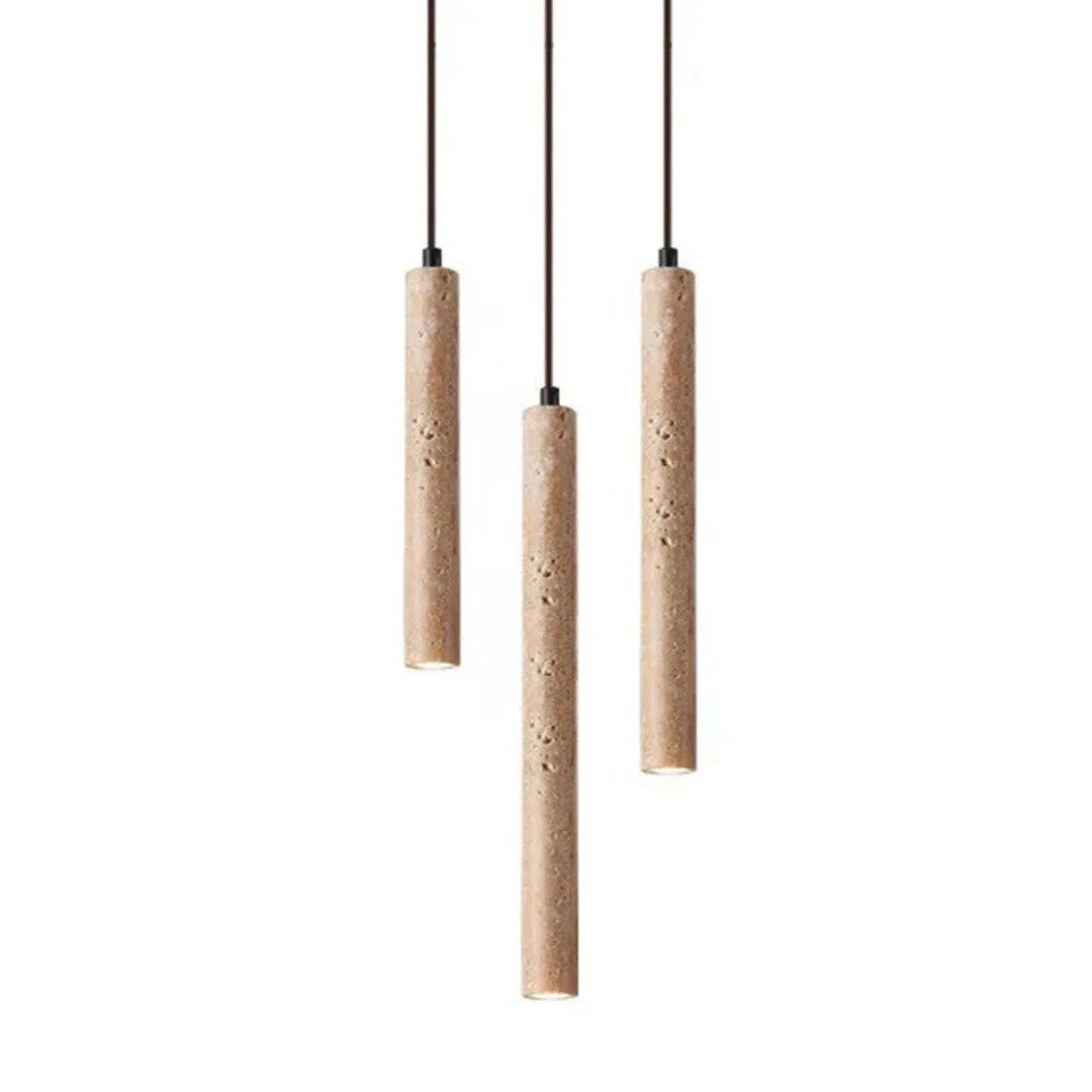 Einzigartiger Wabi-Sabi Travertin Kronleuchter mit LED. Minimalistische Designlampe für Zuhause.