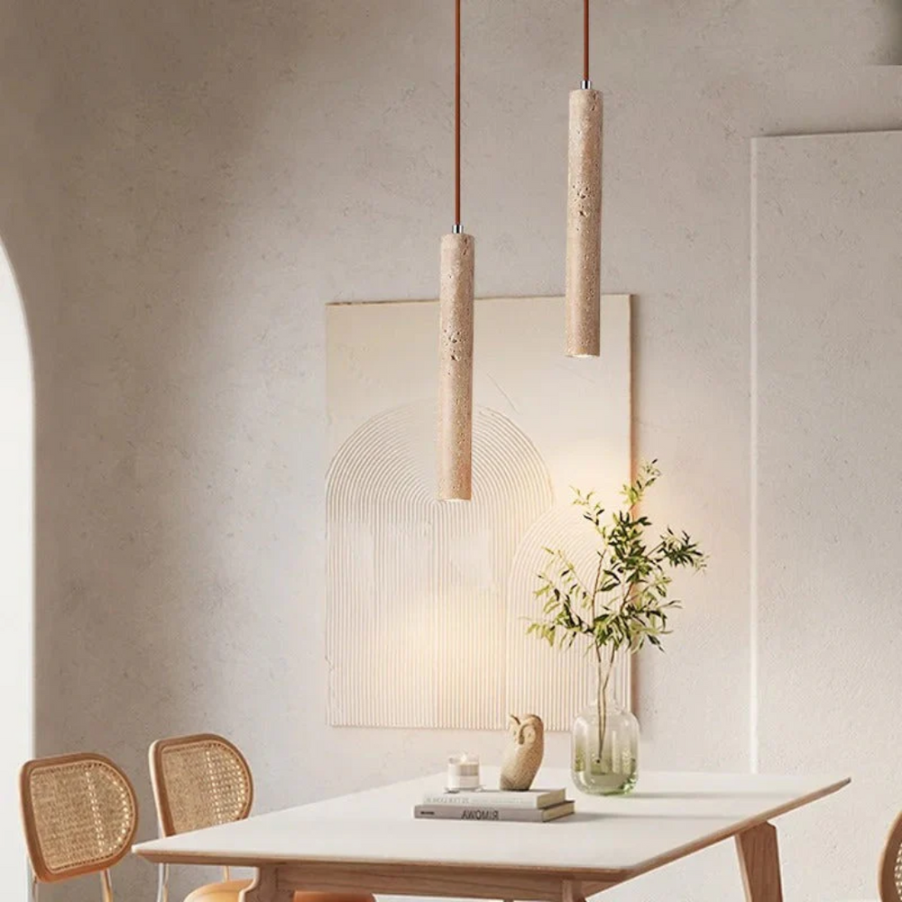 Eleganter Travertin LED Kronleuchter, Wabi-Sabi Design Deckenleuchte für Esszimmer und Schlafzimmer.