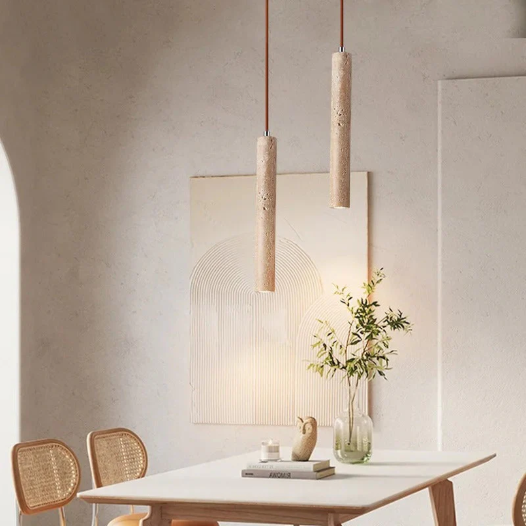 Eleganter Travertin LED Kronleuchter, Wabi-Sabi Design Deckenleuchte für Esszimmer und Schlafzimmer.