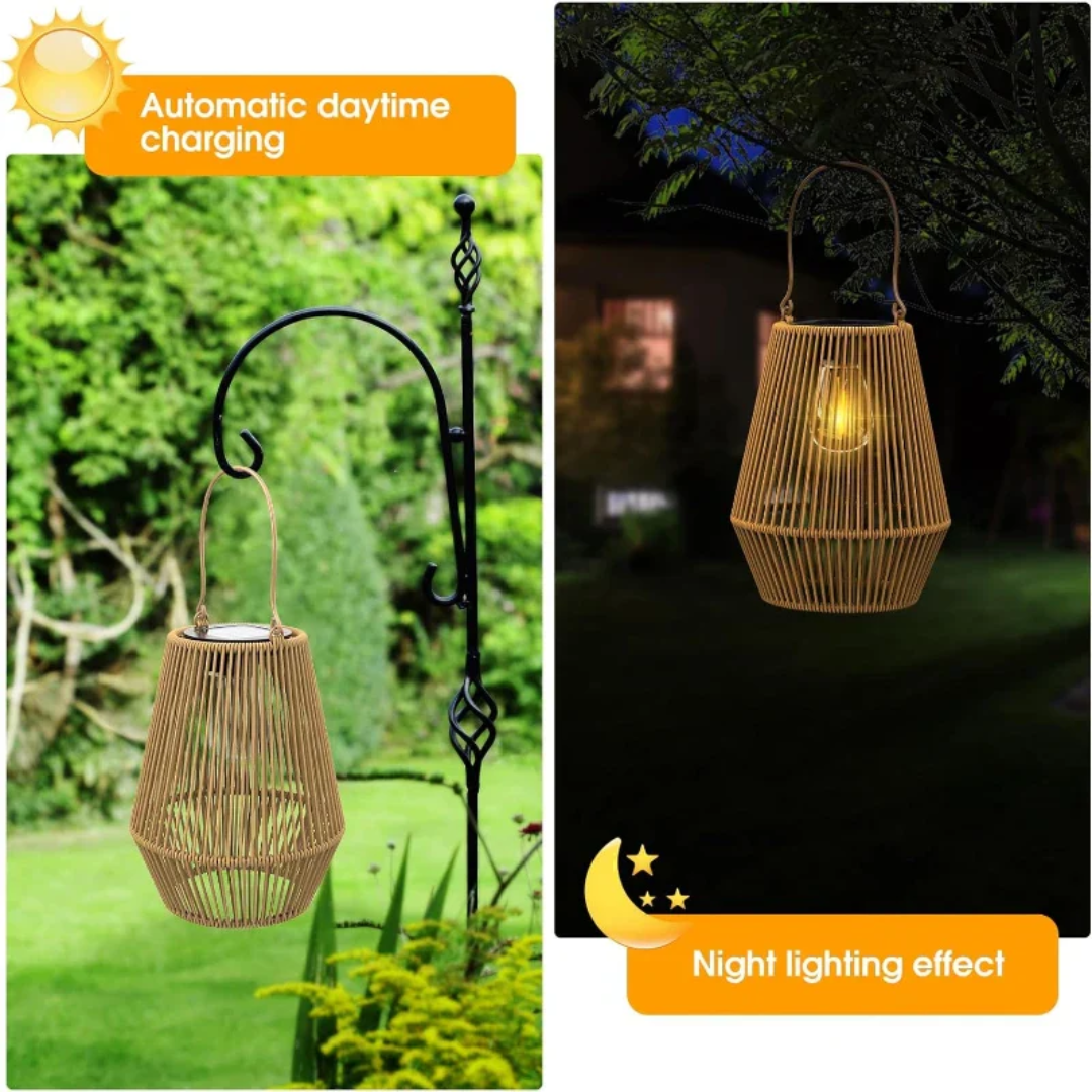 Stilvolle handgefertigte Rattan-Gartenlaterne mit Solar-LED, wetterfest für jede Außen-Dekoration.