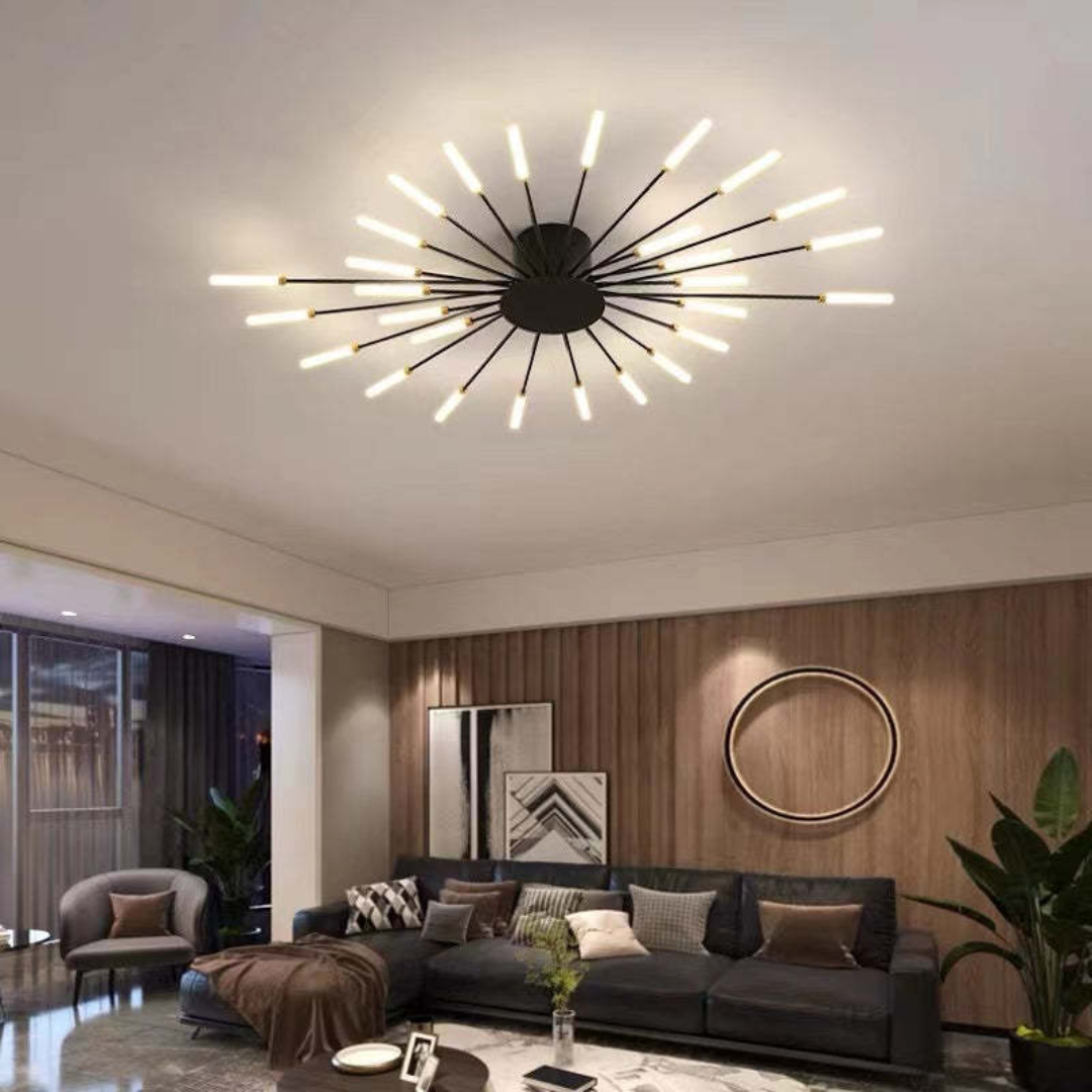 Goldene LED-Deckenleuchte, groß & elegant. Designleuchte für anspruchsvolle Wohnzimmer.