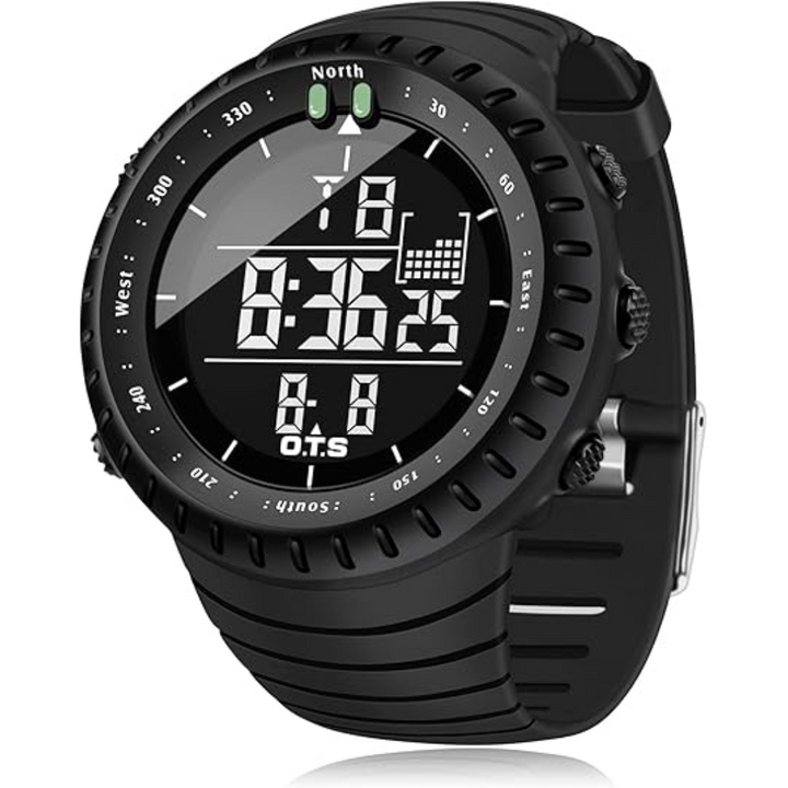 Stilvolle digitale Herren-Sportuhr von der Seite. Robust, wasserdicht & ein cooles Outdoor-Accessoire.