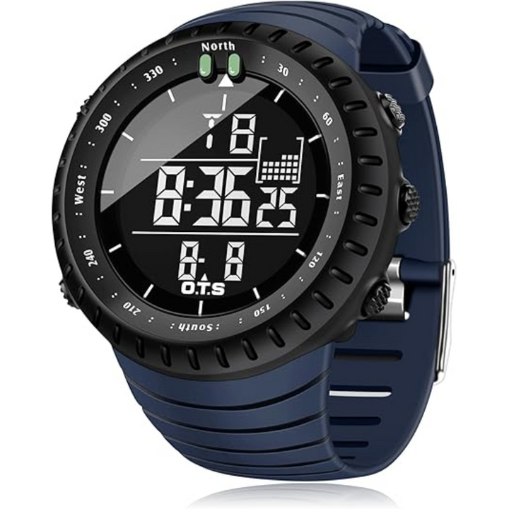 Digitale Herrenuhr am Handgelenk, bereit für Wanderungen oder Outdoor-Sport. Wasserdicht & robust.