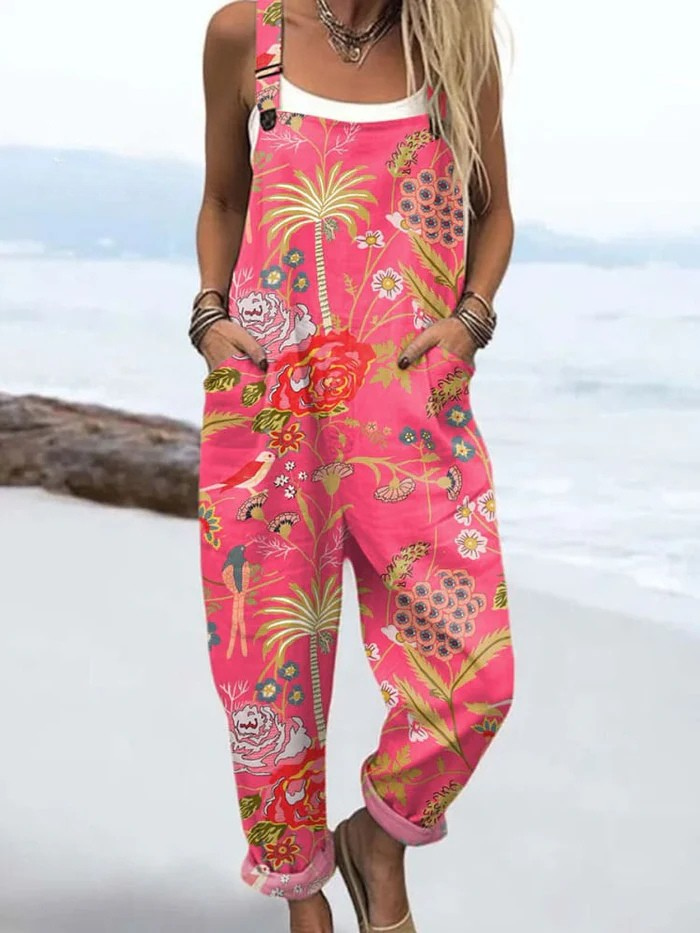 Damen Vintage Jumpsuit mit Streifen, lockerem Schnitt in Rosa für Frühling & Sommer. Bequemer Einteiler Freizeit Overall.