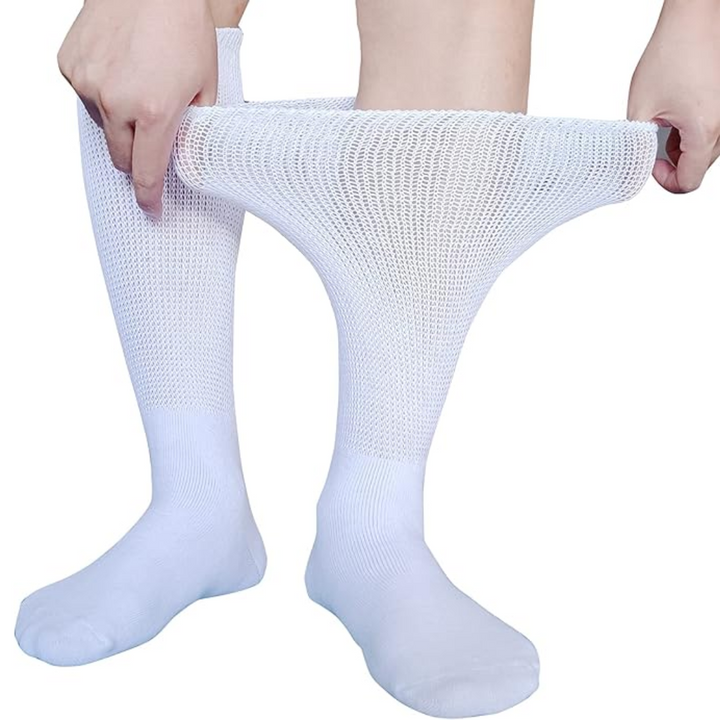 Bequeme, extra breite Unisex Socken für Damen und Herren mit Lymphödem & Diabetes, weich & wadenlang.