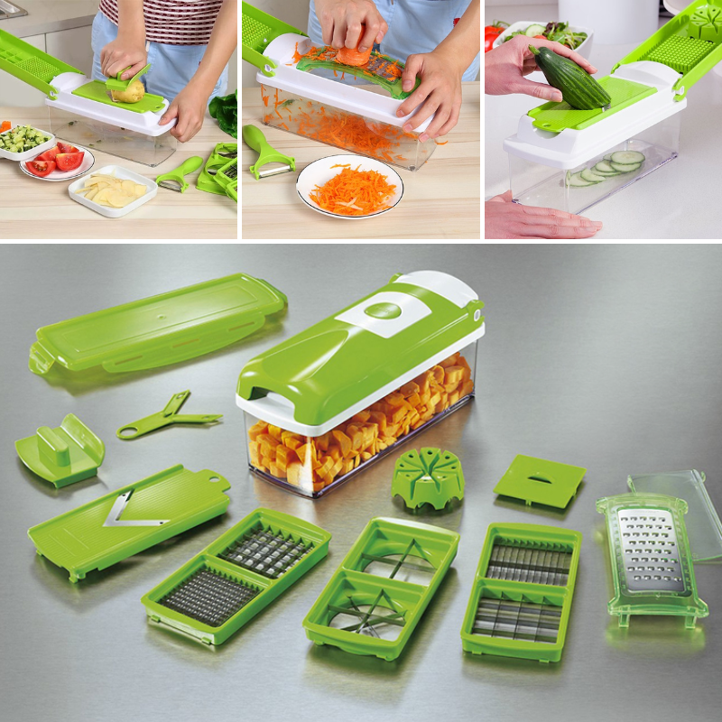 Sicherer 12-in-1 Gemüseschneider SlicePro mit Handschutz, spart Zeit & erleichtert die Zubereitung.