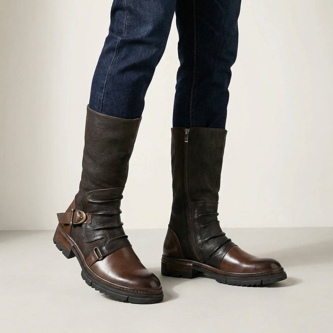 Herren Stiefel mit hohem Schaft, eleganten Schnallen und robuster Profilsohle, ideal für Alltag und Freizeit.
