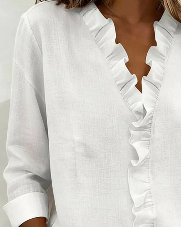 Rückenansicht der eleganten Damen V-Ausschnitt Bluse mit Rüschen, fließender Schnitt und Detailansicht.