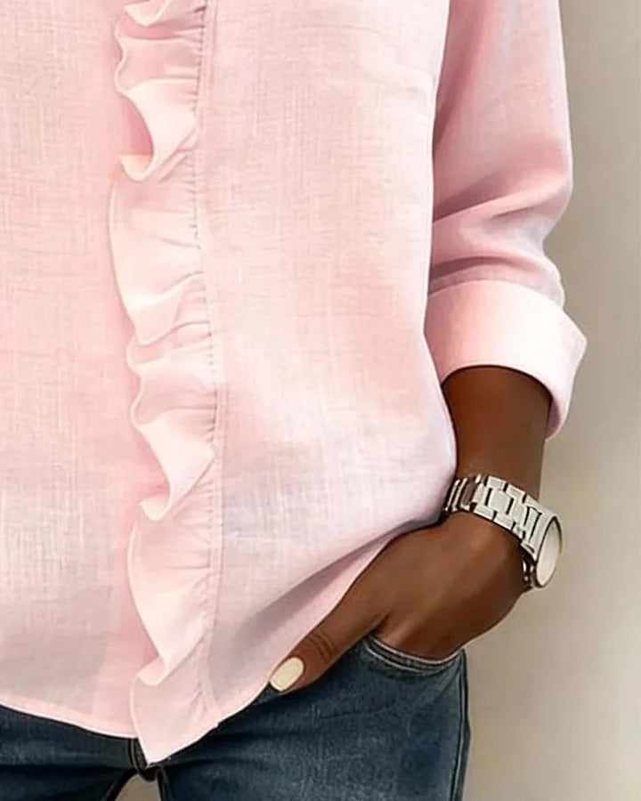 Stylische Damenbluse mit V-Ausschnitt und Rüschen, perfekt für Büro, Dinner oder entspannte Wochenend-Looks.