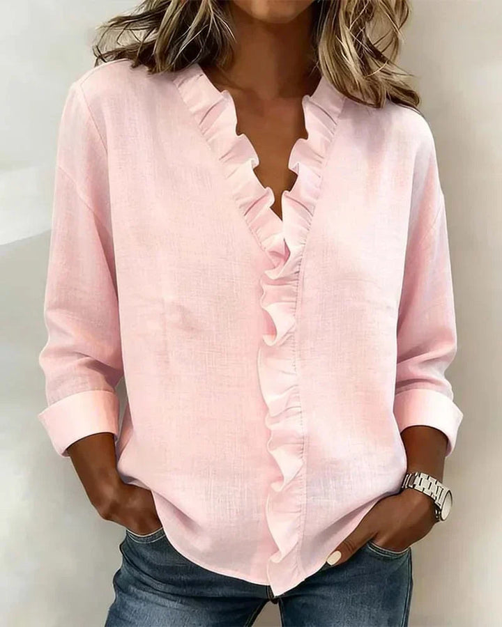 Elegante Damen V-Ausschnitt Bluse mit Rüschen an Ärmeln und Ausschnitt, perfekt für Business Casual.
