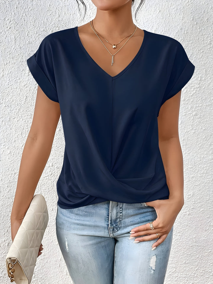 Elegantes Damen Kurzarm Shirt mit V-Ausschnitt und Crossover-Look, perfekt für Business Casual und Alltag.