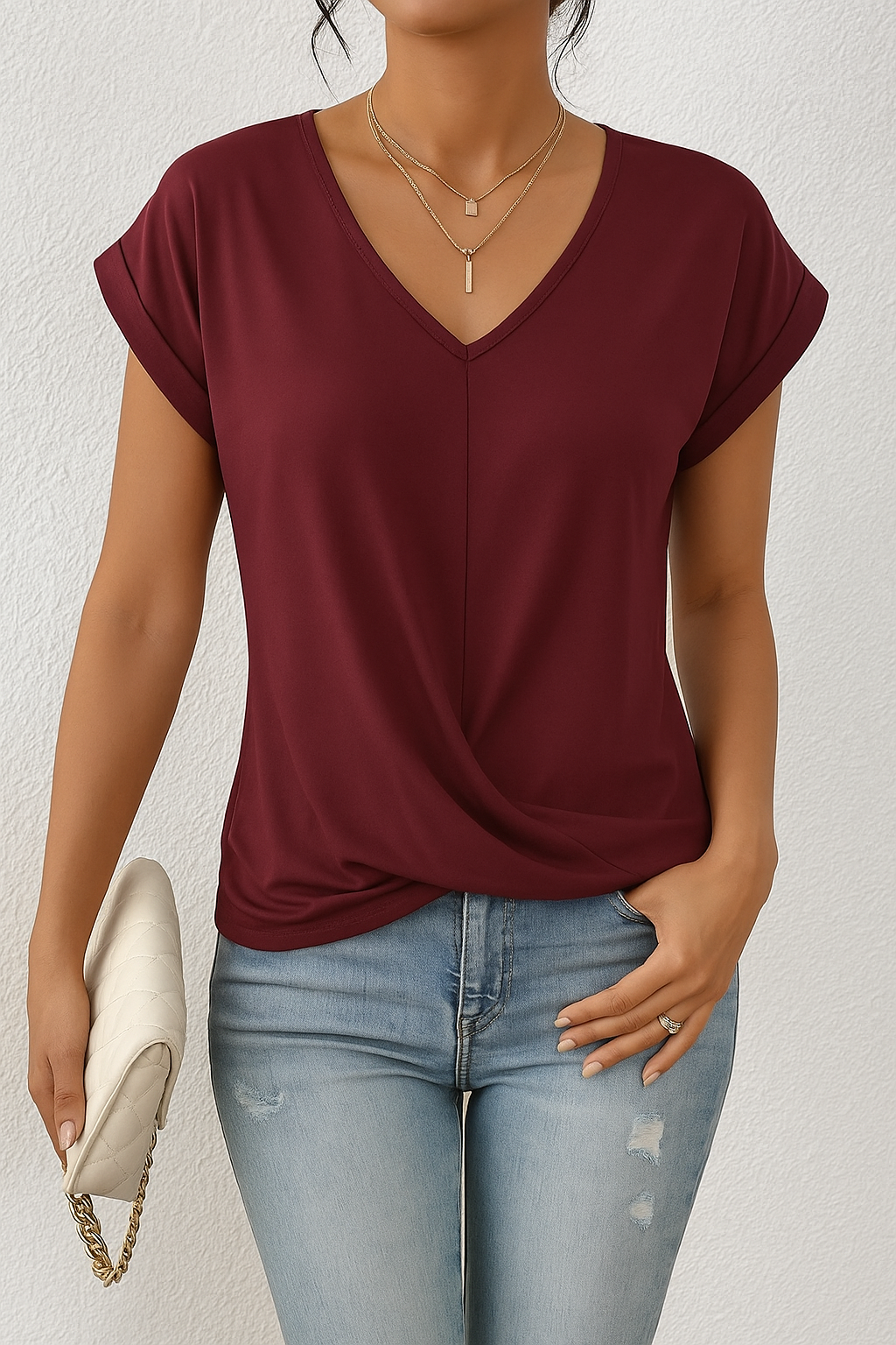 Schickes Damen V-Ausschnitt Kurzarm Shirt mit elegantem Crossover-Saum für ein gepflegtes Alltagsoutfit.