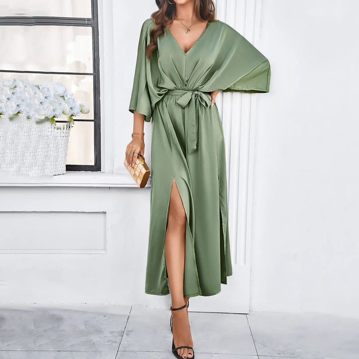 Modisches Damen Sommer Maxikleid mit tiefem V-Ausschnitt, Taillen-Bindegürtel & seitlichem Schlitz.