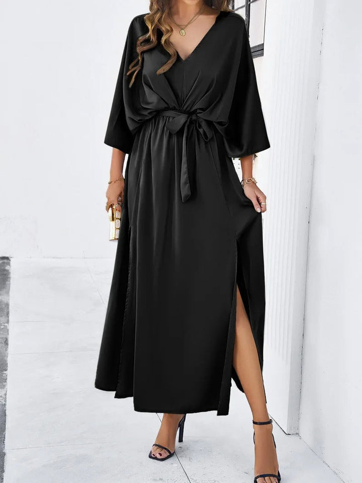 Vielseitiges Damen Maxikleid mit V-Ausschnitt & Bindegürtel, ideal als Party- oder Strandkleid.