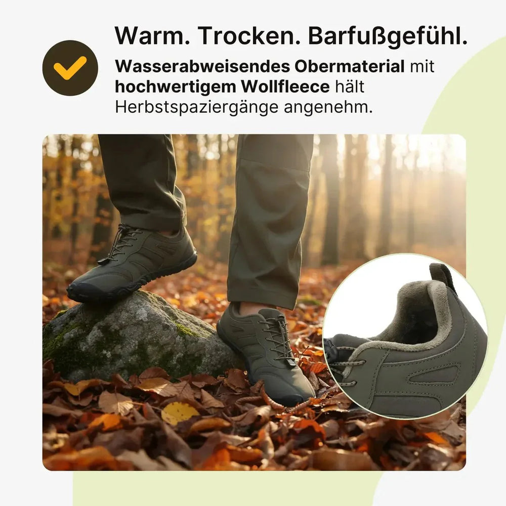 Detailansicht der Rigi Pro Barfußschuhe in olivgrün, mit warmem Futter und wasserabweisendem Obermaterial