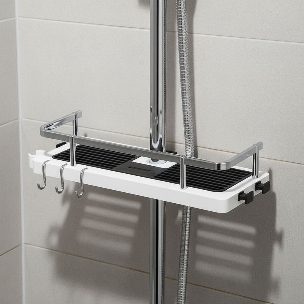 Verstellbares Duschregal BathShelfGo zum Anklemmen, ohne Bohren. Ideal für Duschzubehör im modernen Badezimmer.