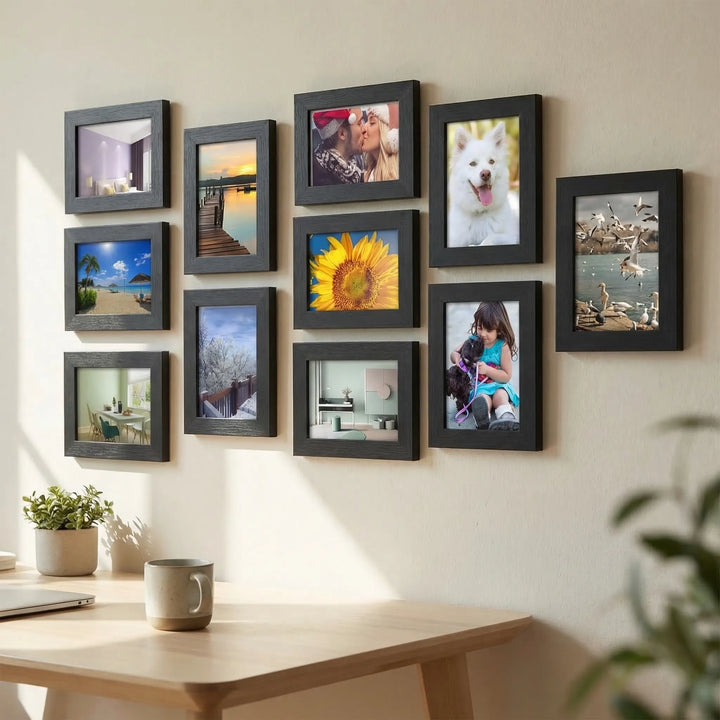 11-teiliges Bilderrahmen-Set für eine moderne Galeriewand; schlichte, schwarze & weiße Rahmen, ideal für Fotocollagen.