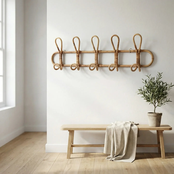 Boho Wandgarderobe aus Rattan mit Haken, natürliche Flurgarderobe für Mäntel und Taschen, stilvolles Wohnaccessoire.