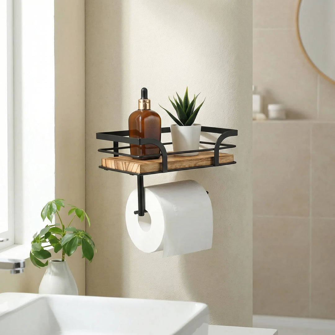 Industrielles Wandregal aus Holz und Metall mit Toilettenpapierhalter. Platzsparendes Badregal für effektive Badezimmer Organisation.