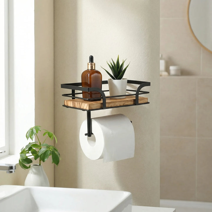 Industrielles Wandregal aus Holz und Metall mit Toilettenpapierhalter. Platzsparendes Badregal für effektive Badezimmer Organisation.