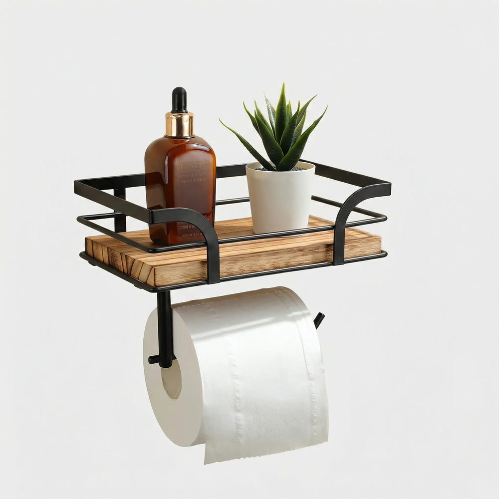 Modernes Badregal mit integriertem Toilettenpapierhalter. Stilvolles Holz-Metall Wandregal für Ordnung & Aufbewahrung im Badezimmer.